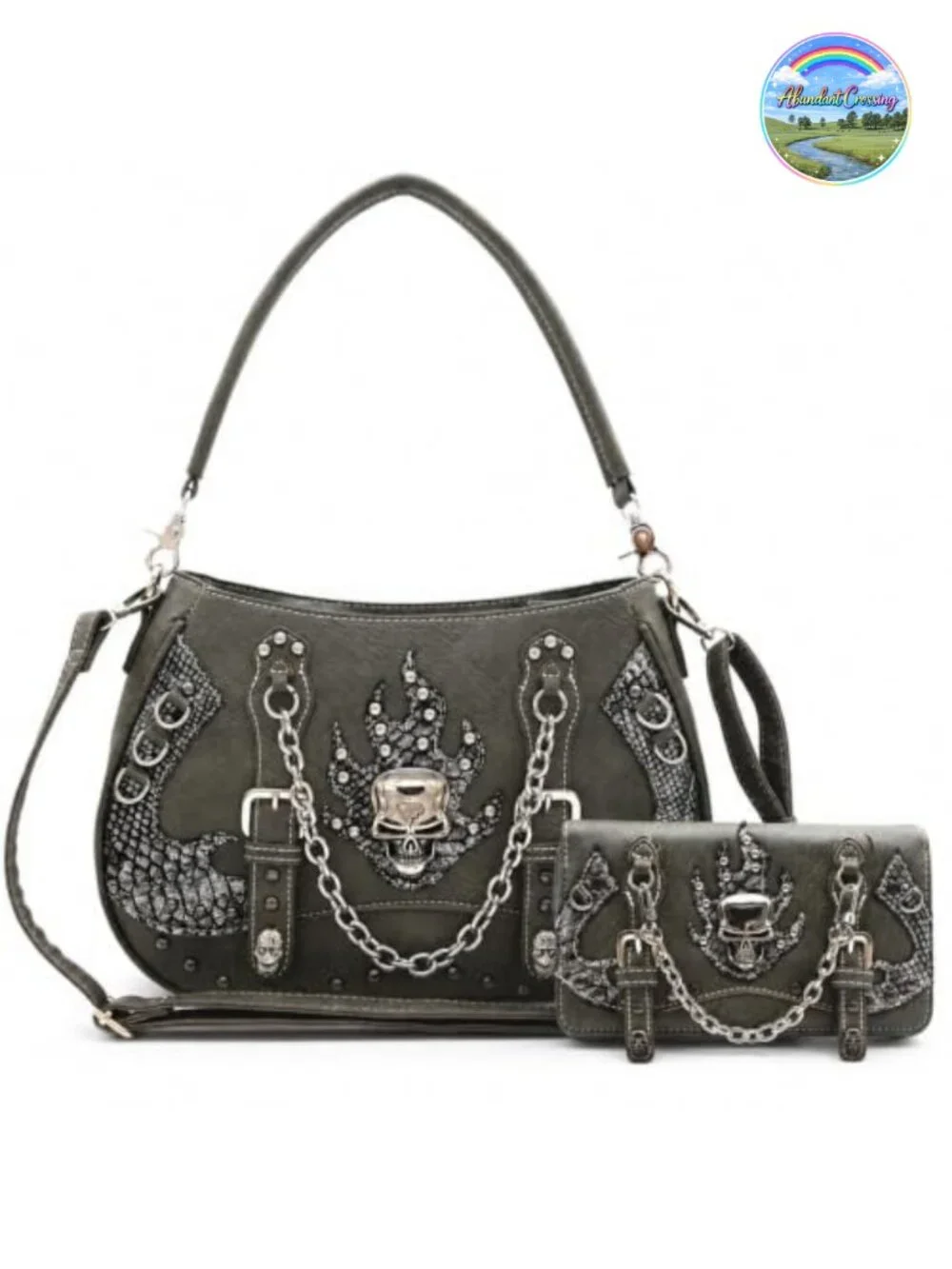 Gothic Skull Purse and Wallet Set 2-Piece Faux Leather Satchel